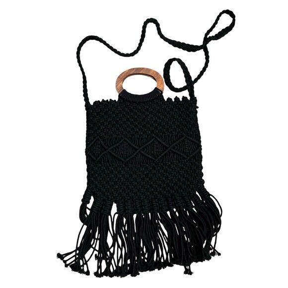 Danielle Nicole black macrame crossbody bag fringed purse mod wood handles - Picture 7 of 9